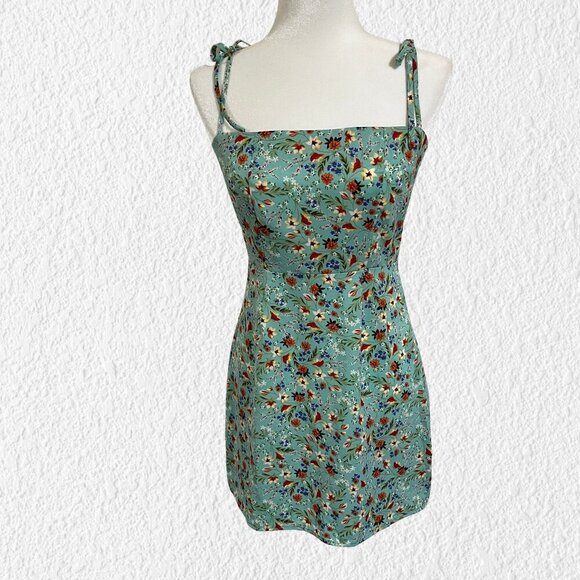 NASTY GAL Womens Tie Strap Mini Cami Dress Mint Green Floral Size 2 - Picture 1 of 9